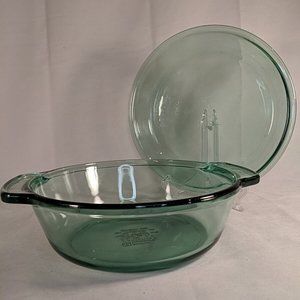 2 Vintage Anchor Hocking Green Glass Pie Casserole Dish Set 9 in 2 QT USA 1038